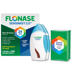 Flonase Sensimist two-bottle pack with 240 sprays for daily allergy relief.