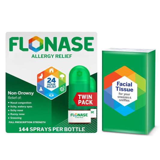 Flonase two-bottles pack showing long-lasting allergy relief option