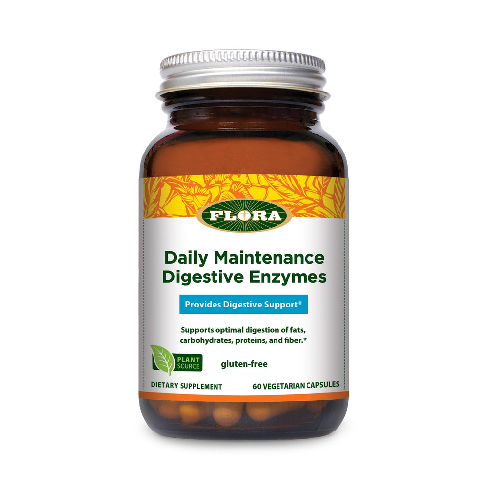 Flora Adult Enzyme Blend bottle with 60 capsules for digestion support.