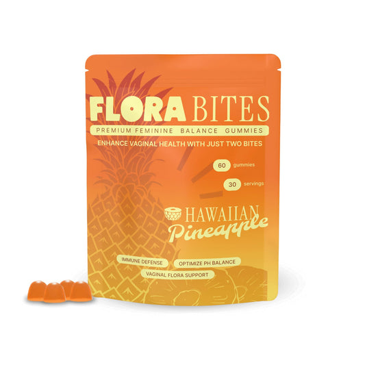 Flora Bites Feminine Balance Gummies bottle—delicious pineapple flavor supporting daily wellness.