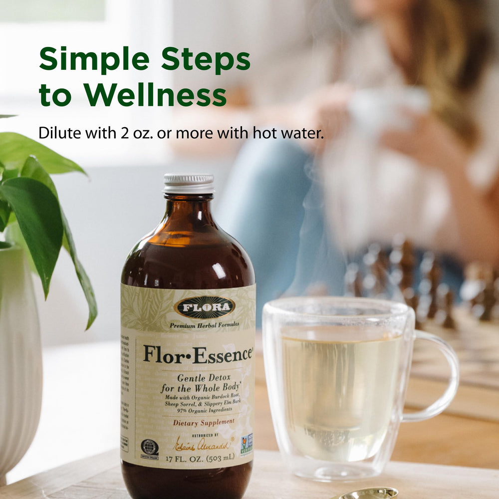 Burdock root and botanicals are visible in Flor-Essence ingredients.