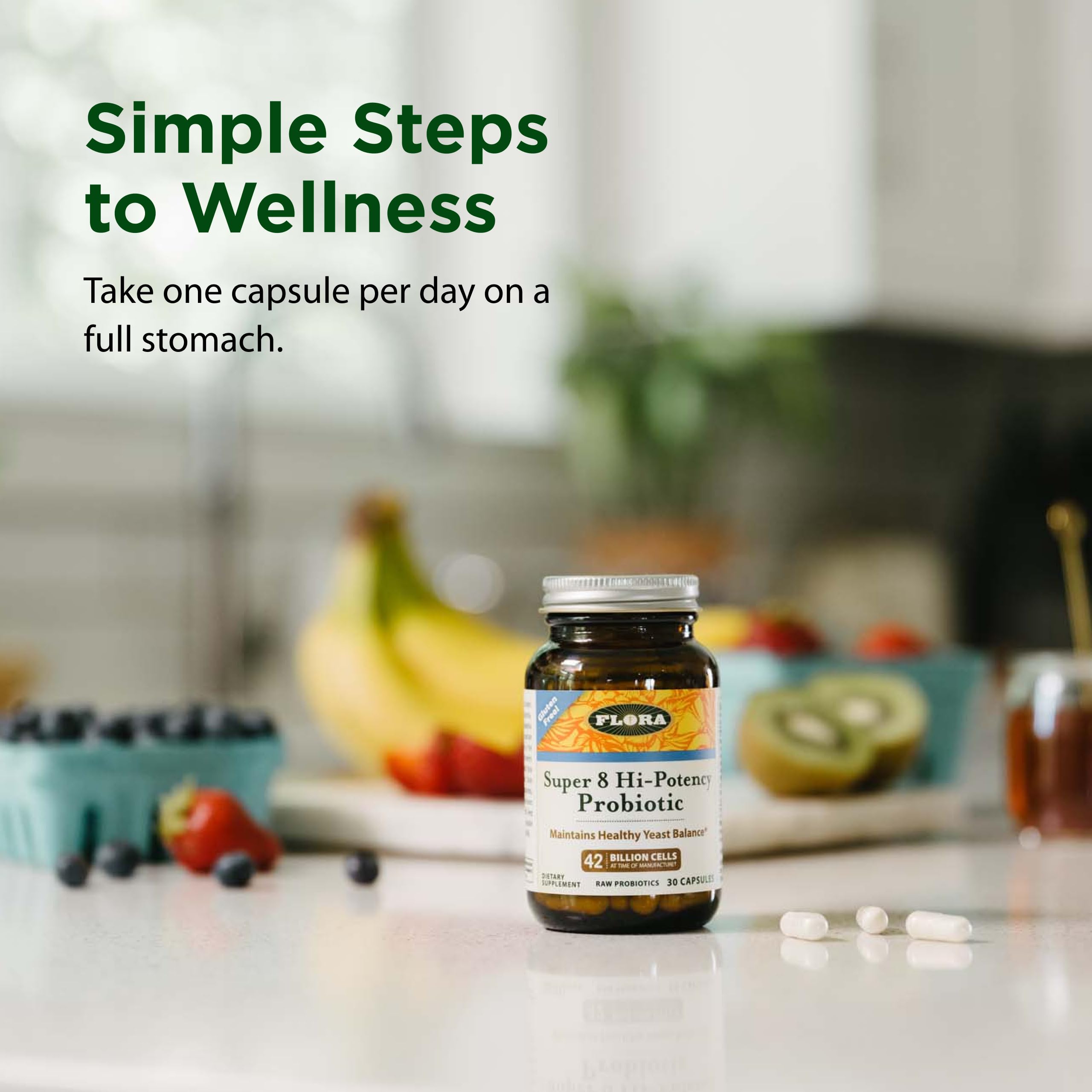 Flora dosage instruction panel guides daily consumption.