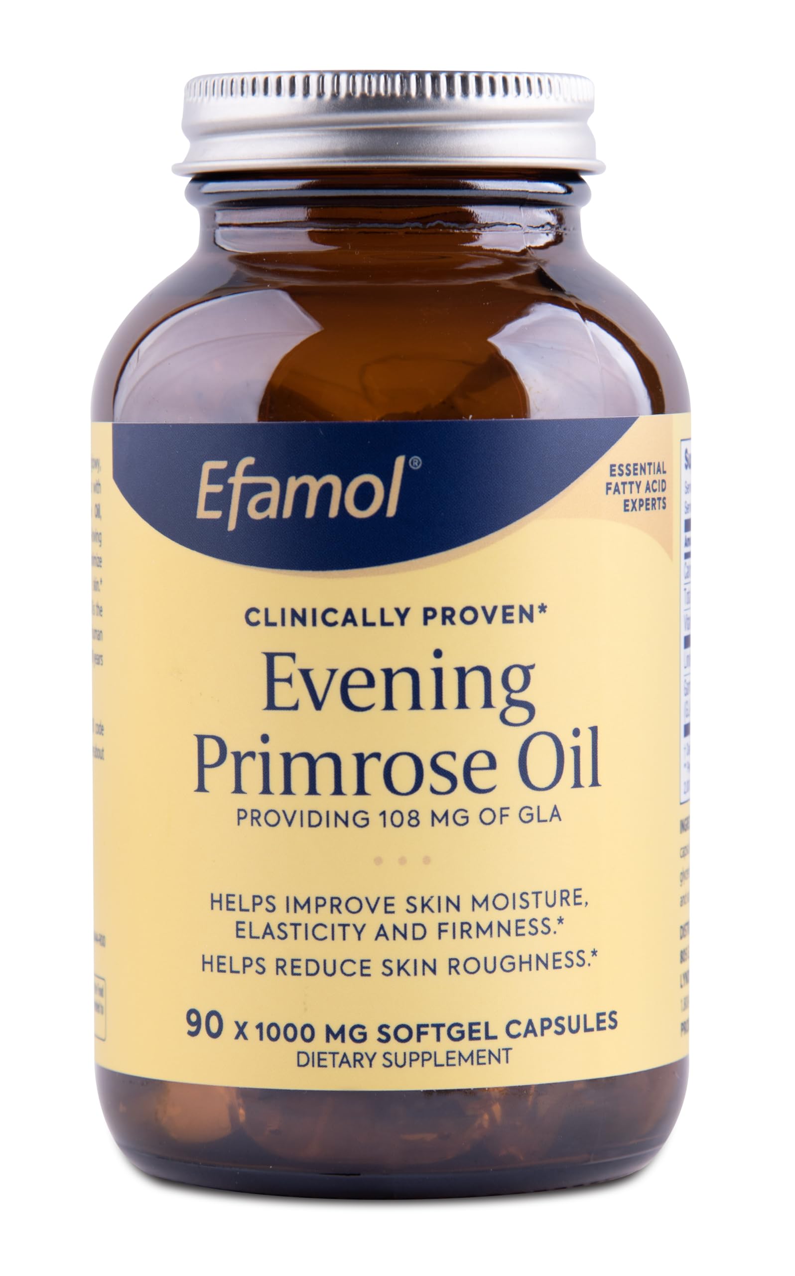 Flora Efamol Evening Primrose Oil bottle showing a skin-hydration focus