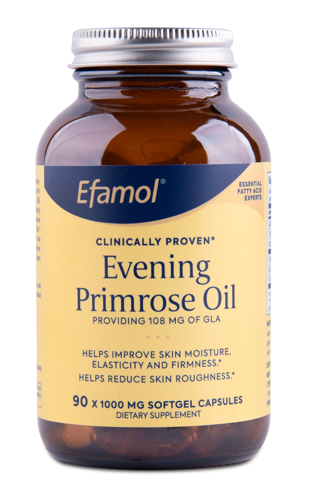 Flora Efamol Evening Primrose Oil bottle showing a skin-hydration focus