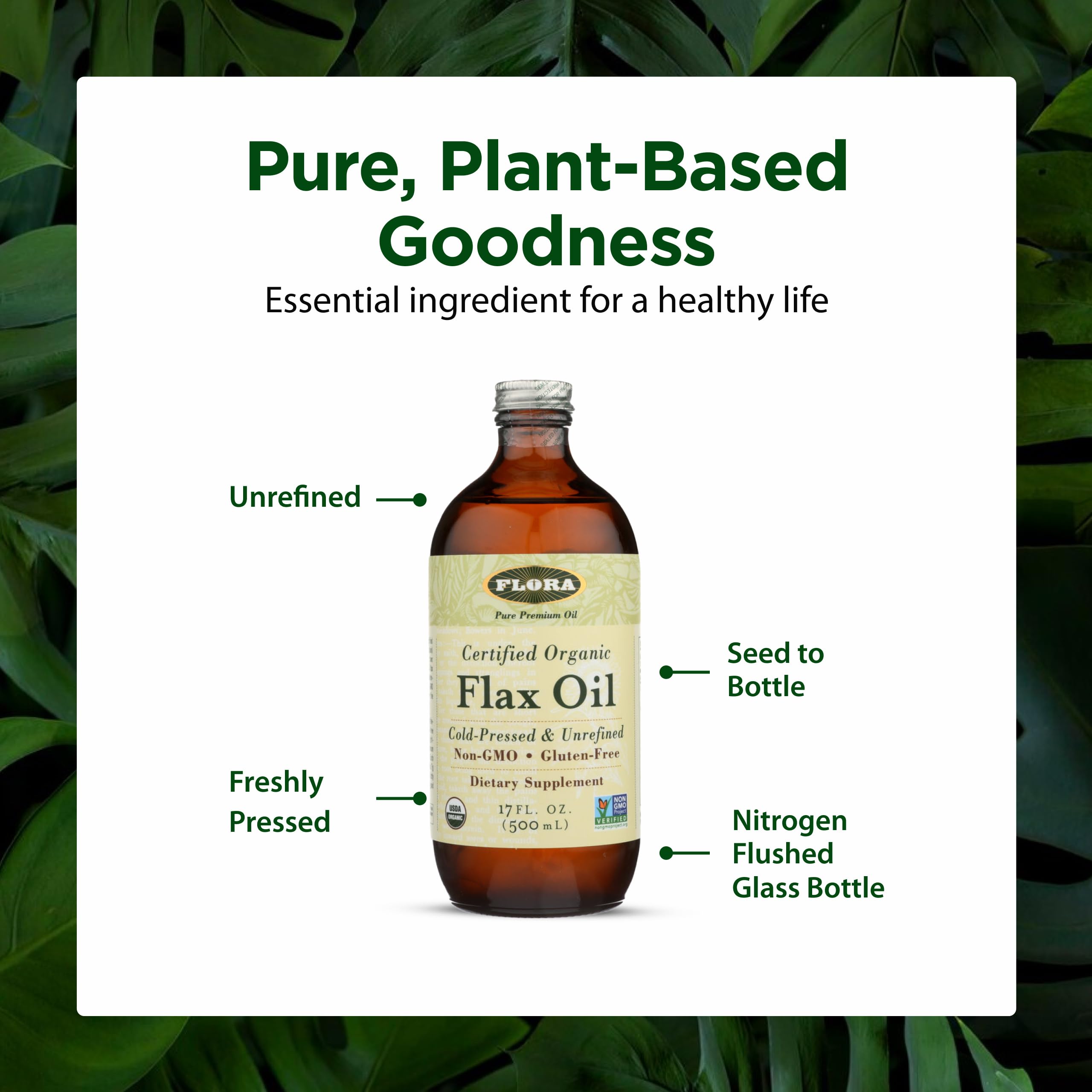 Flora Flax Seed Oil amber bottle protecting freshness from light
