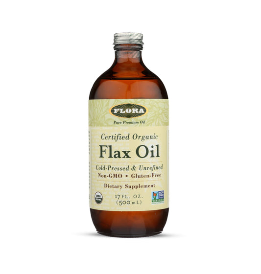 Flora Flax Seed Oil bottle front showing organic, cold-pressed goodness for daily wellness