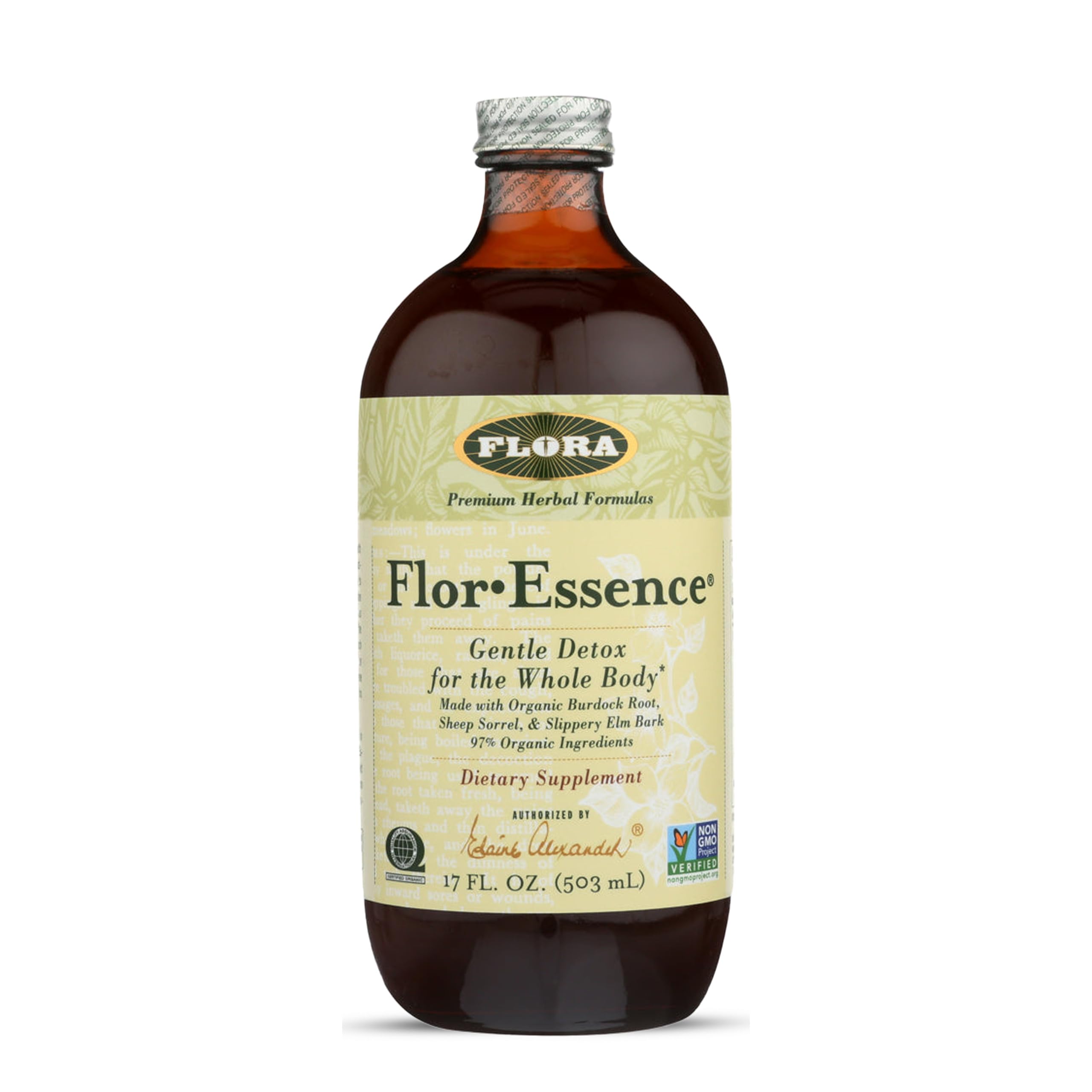 Flora Flor-Essence liquid tea bottle front view, highlighting the detox-friendly formula.