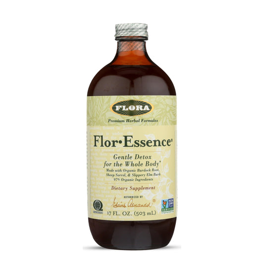 Flora Flor-Essence liquid tea bottle front view, highlighting the detox-friendly formula.