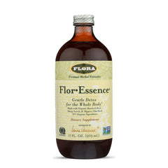Flora Flor-Essence liquid tea bottle front view, highlighting the detox-friendly formula.