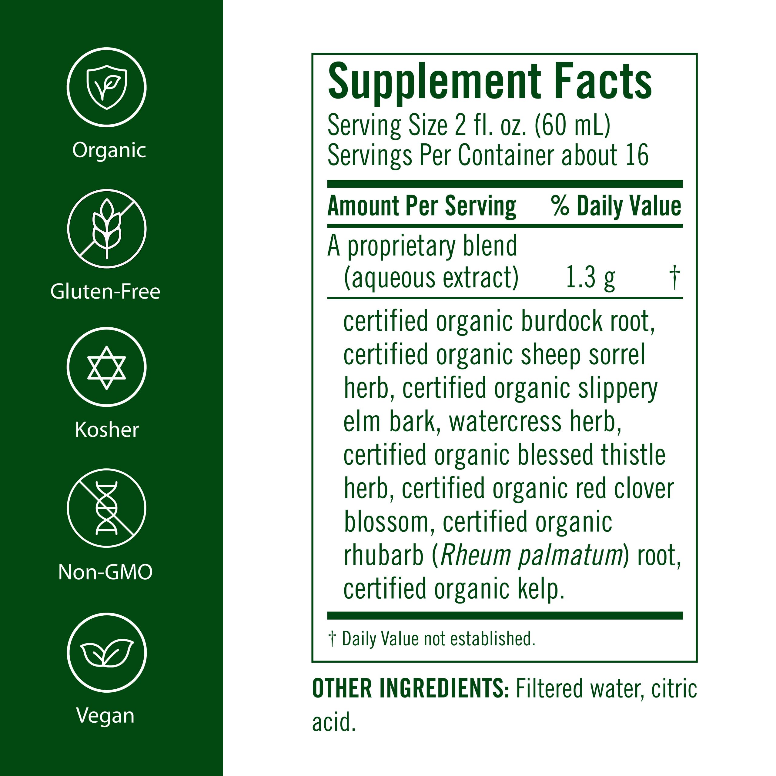 Flora Flor-Essence bottle label emphasizes organic ingredients and vegan formula.