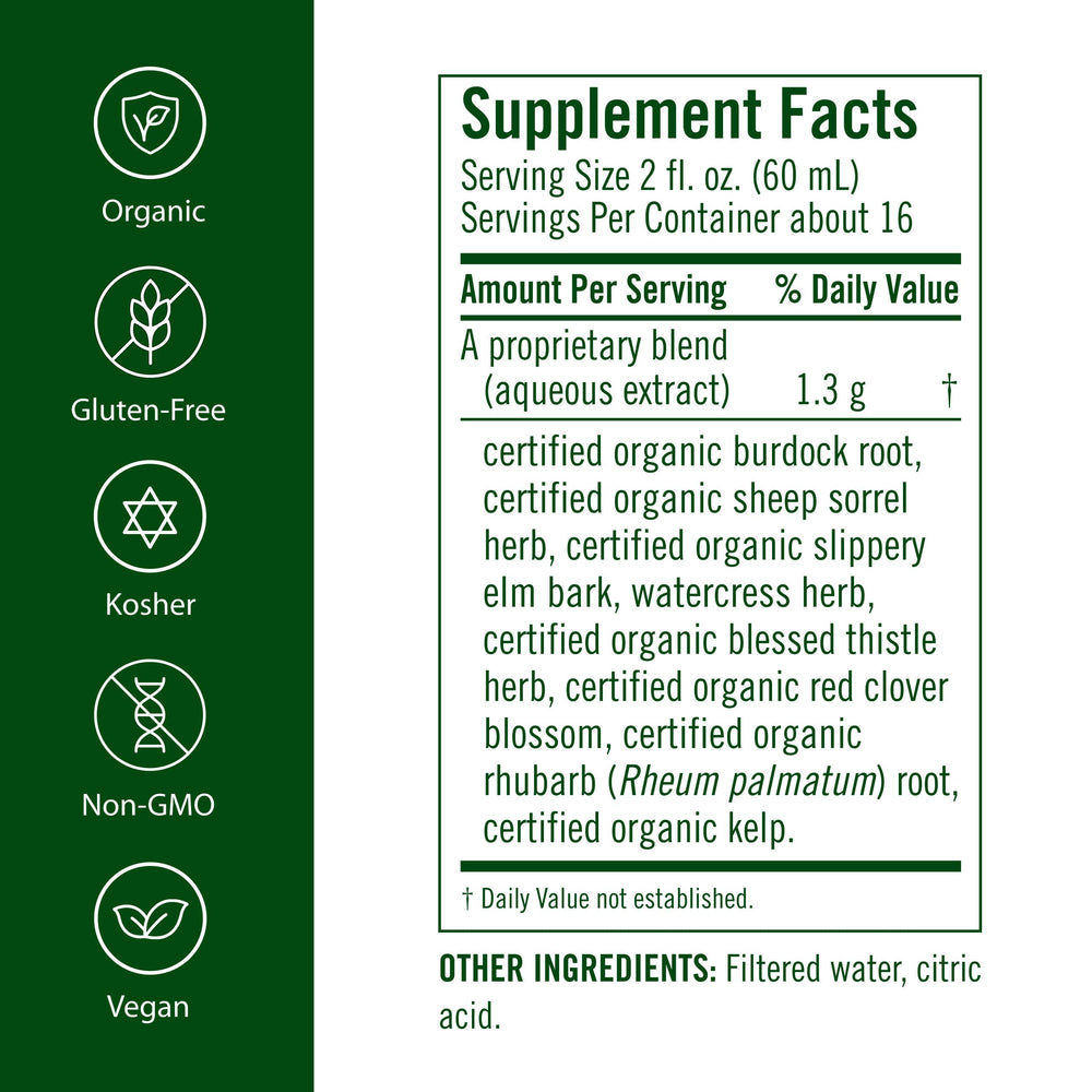 Flora Flor-Essence bottle label emphasizes organic ingredients and vegan formula.