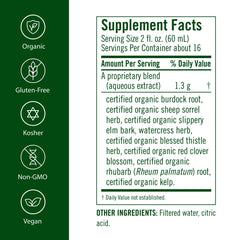 Flora Flor-Essence bottle label emphasizes organic ingredients and vegan formula.