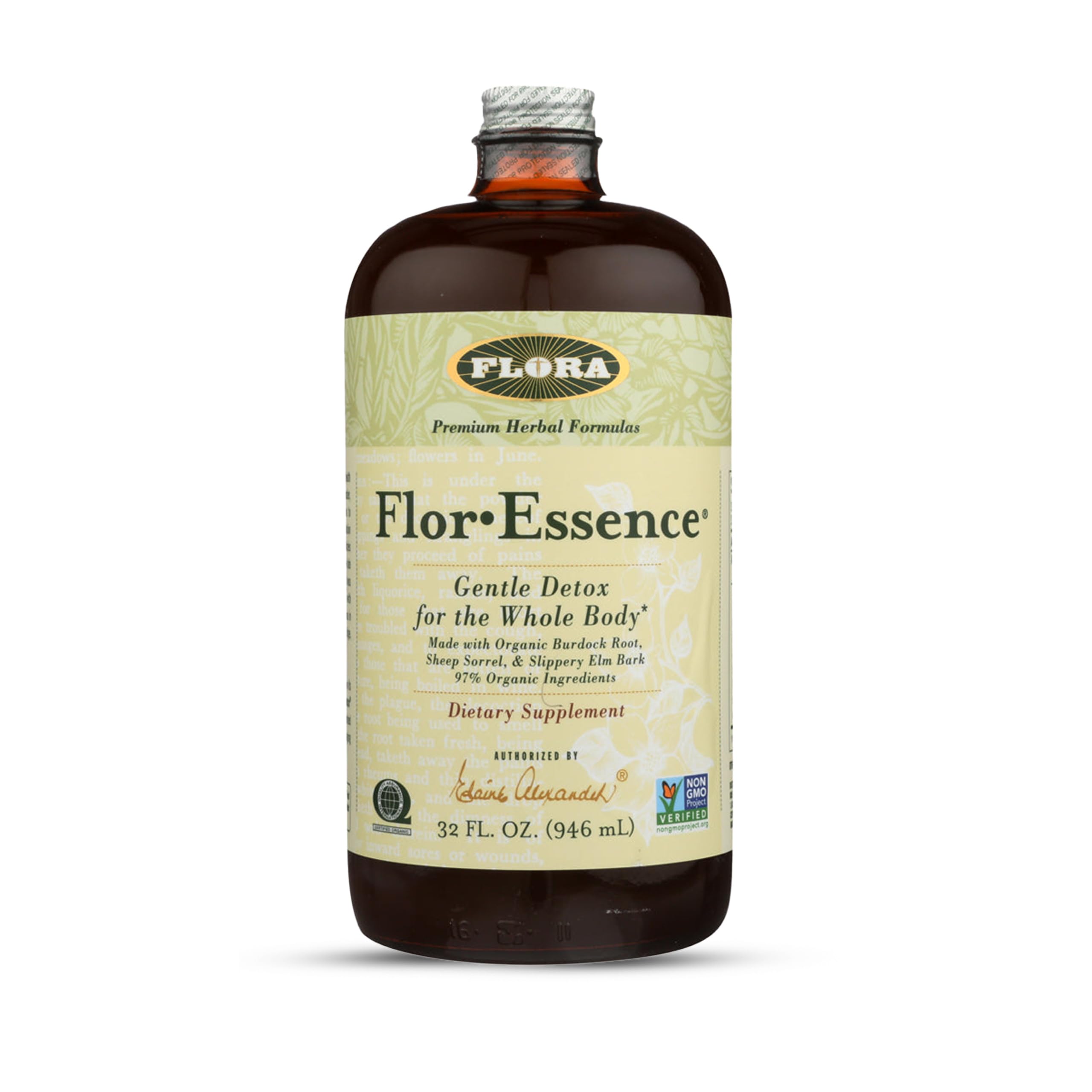 Flora Flor Essence tea bottle showcases premium organic formula for daily ritual.