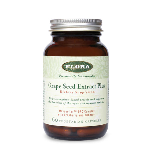 Flora Grape Seed Extract Plus bottle label highlighting bilberry blend for immune support