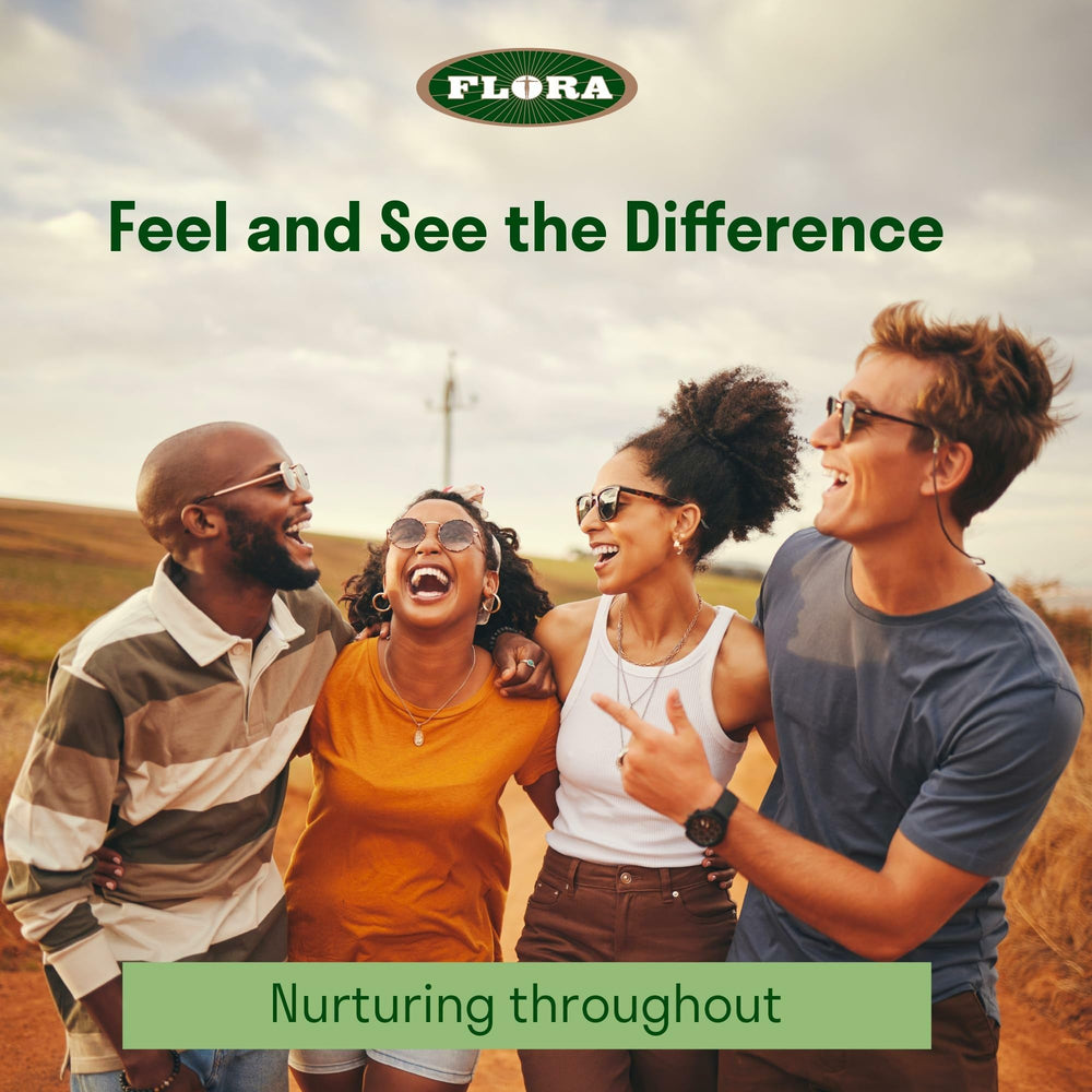 Flora brand logo and natural product imagery conveying wellness