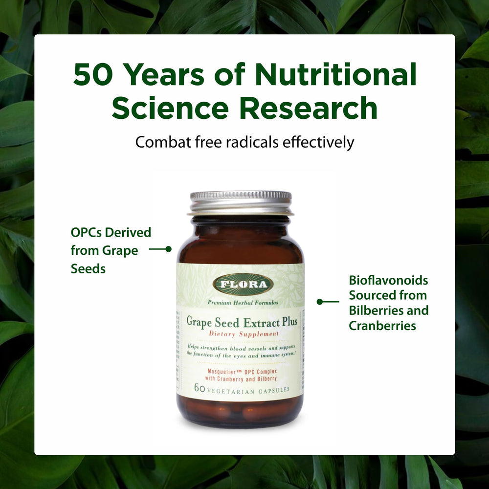 Flora Grape Seed Extract Plus with cranberries providing tissue-supporting bioflavonoids