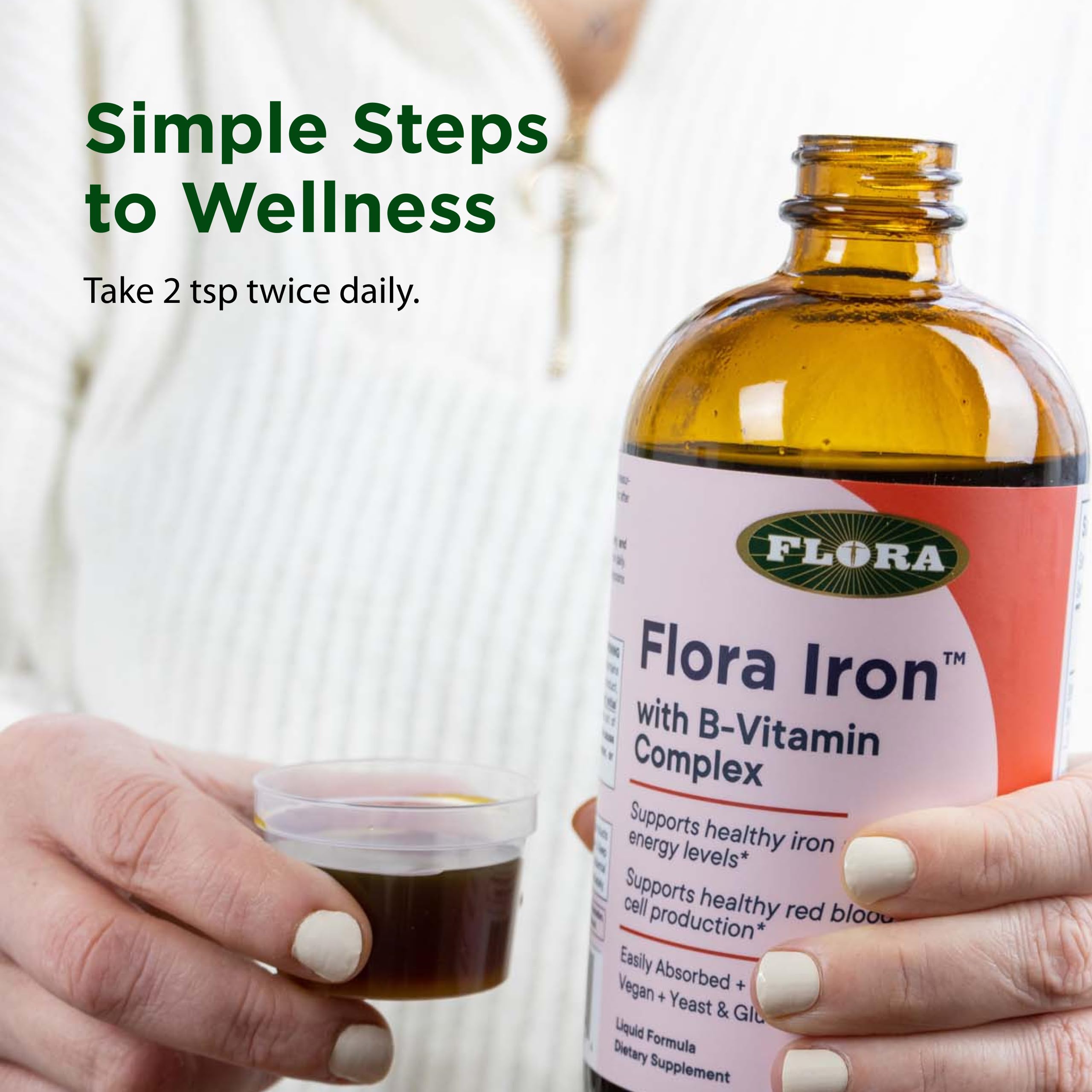 Flora Iron ingredients list emphasizing B-vitamins and whole-food base.