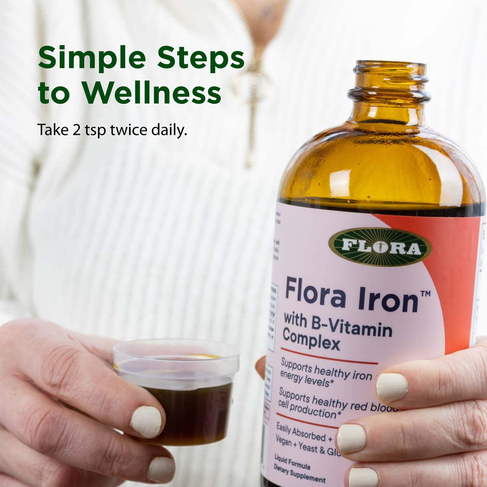 Flora Iron ingredients list emphasizing B-vitamins and whole-food base.