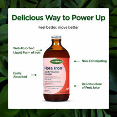 Flora Iron glass bottle displayed on a shelf, vegan and gluten-free supplement.