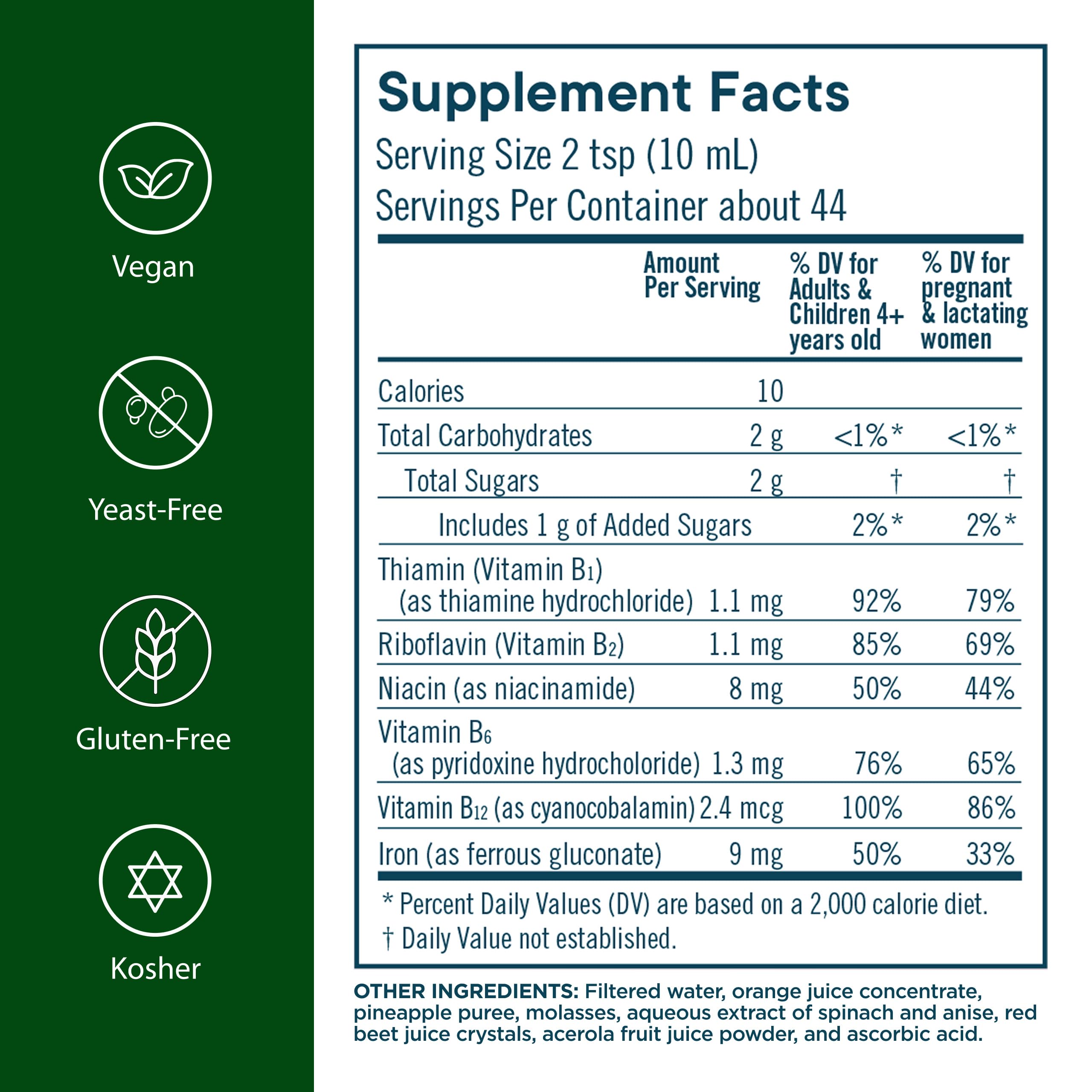 Flora Iron label close-up highlighting liquid iron for easy absorption.