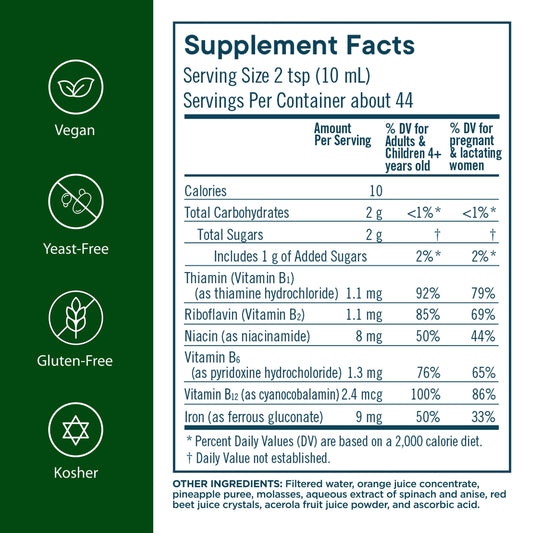 Flora Iron label close-up highlighting liquid iron for easy absorption.