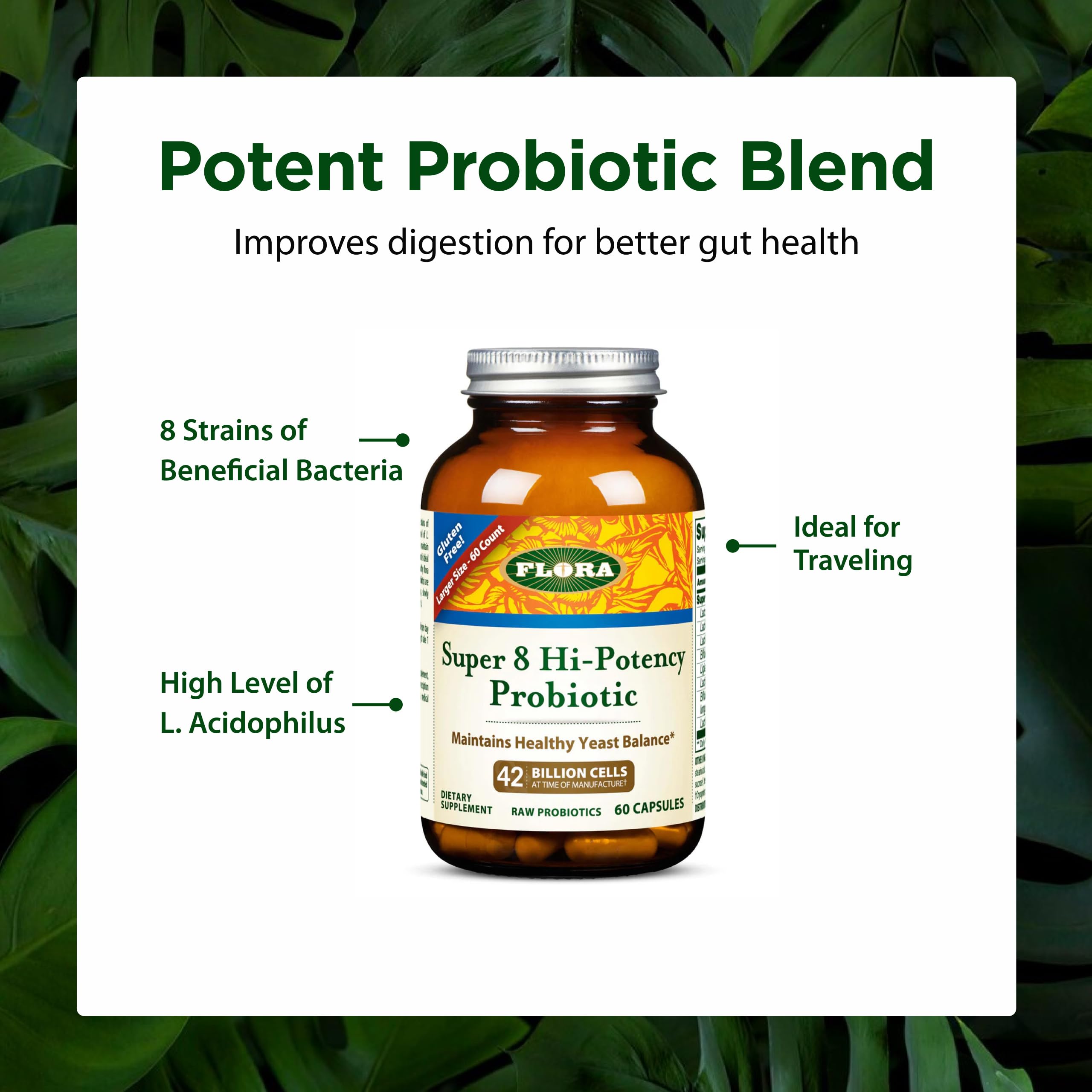 Flora probiotic label closeup highlights multi-strain blend.