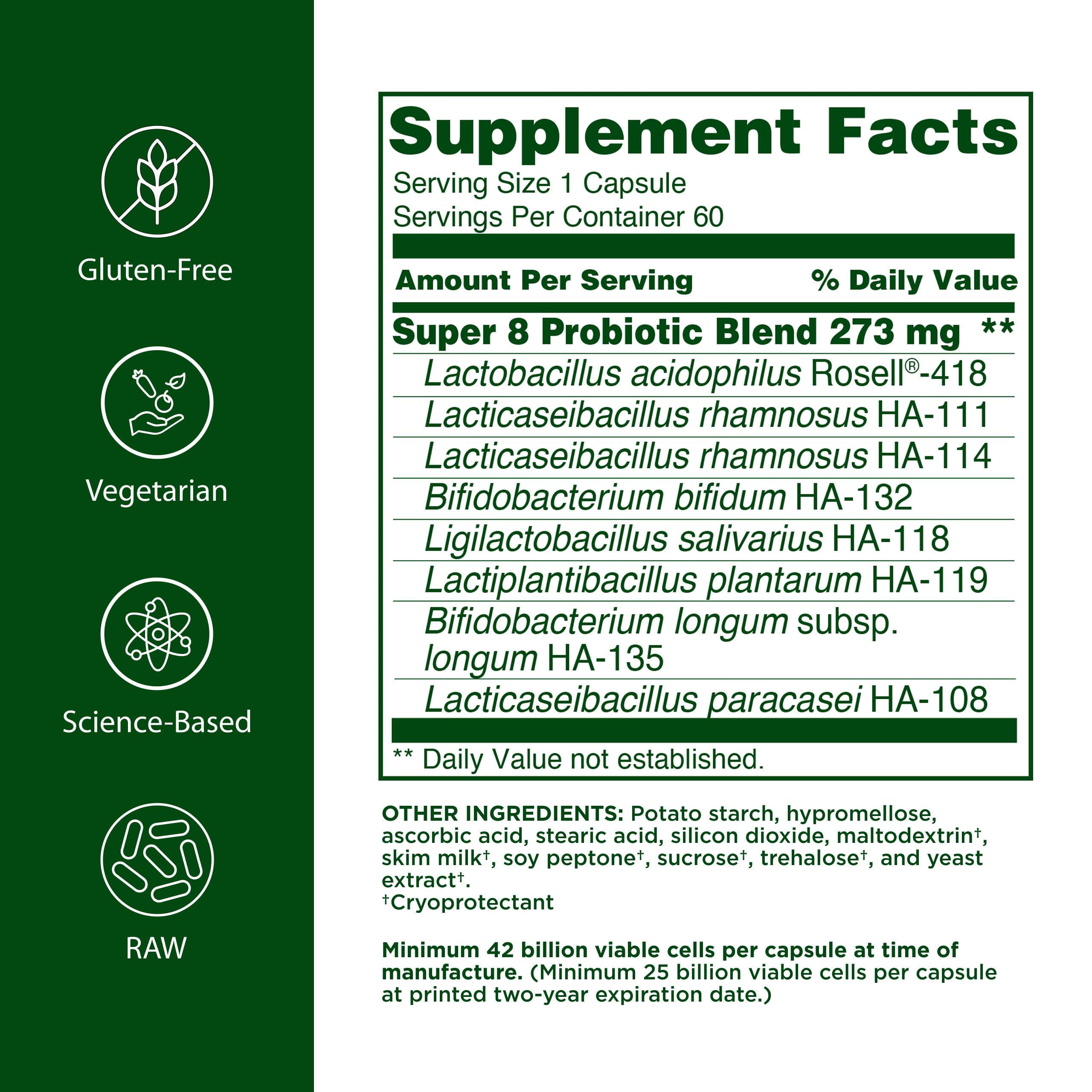Flora Super 8 capsules closeup demonstrates high-potency digestive support.
