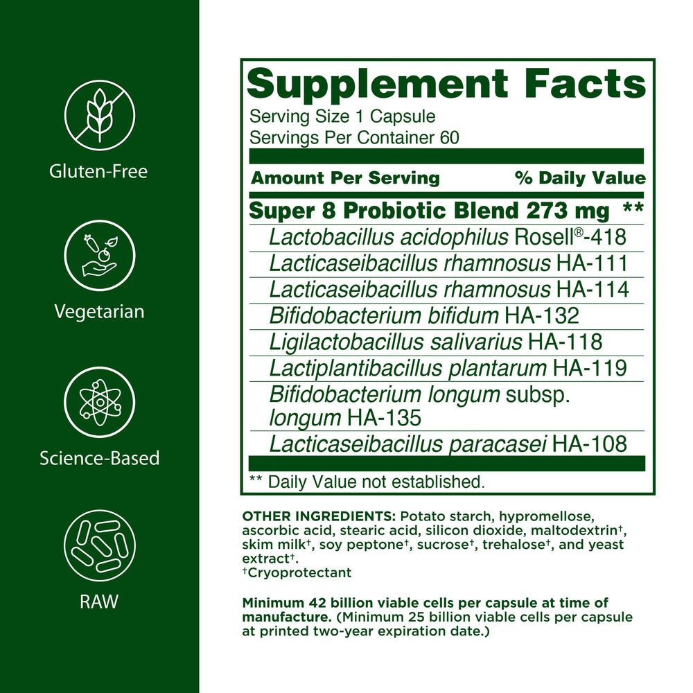 Flora Super 8 capsules closeup demonstrates high-potency digestive support.
