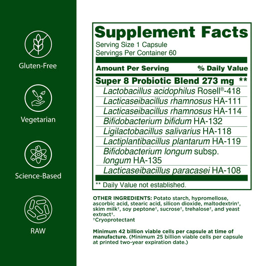 Flora Super 8 capsules closeup demonstrates high-potency digestive support.