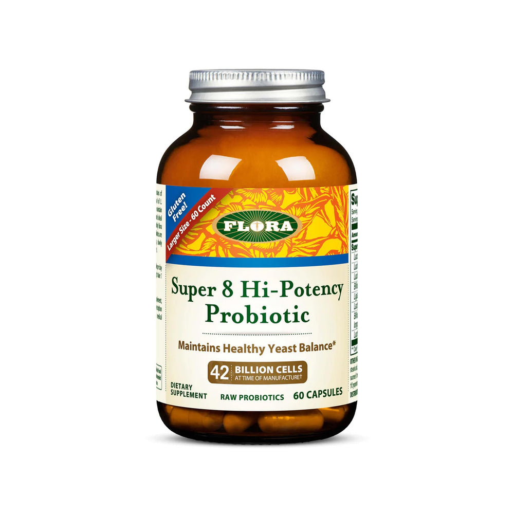 Flora Super 8 Hi-Potency Probiotic bottle front supports daily gut balance.