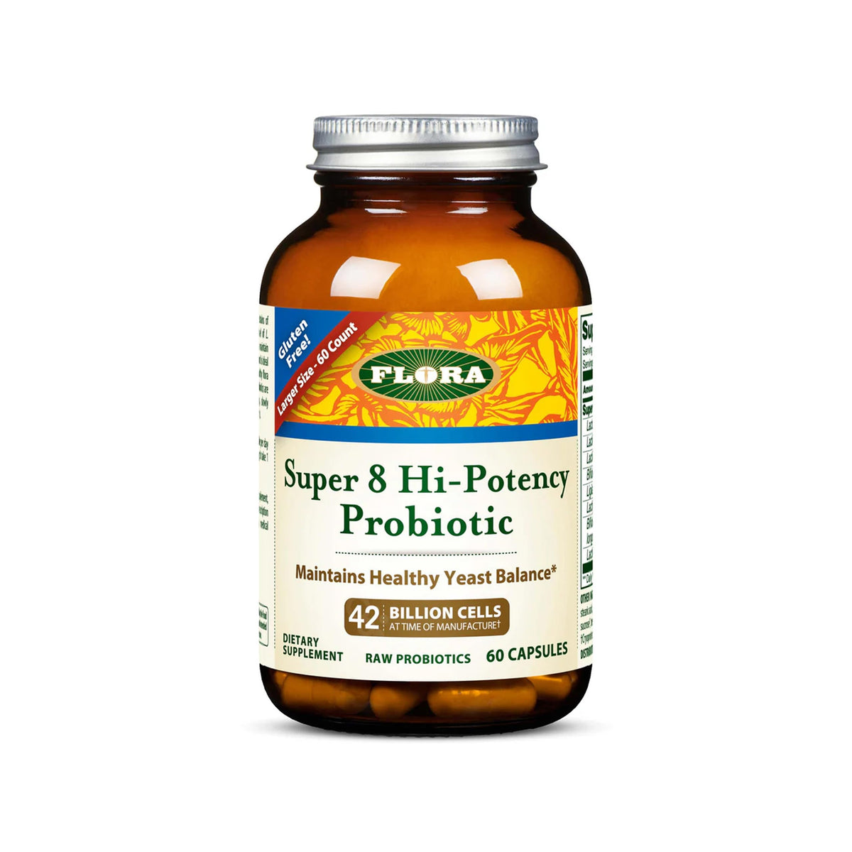 Flora Super 8 Hi-Potency Probiotic bottle front supports daily gut balance.