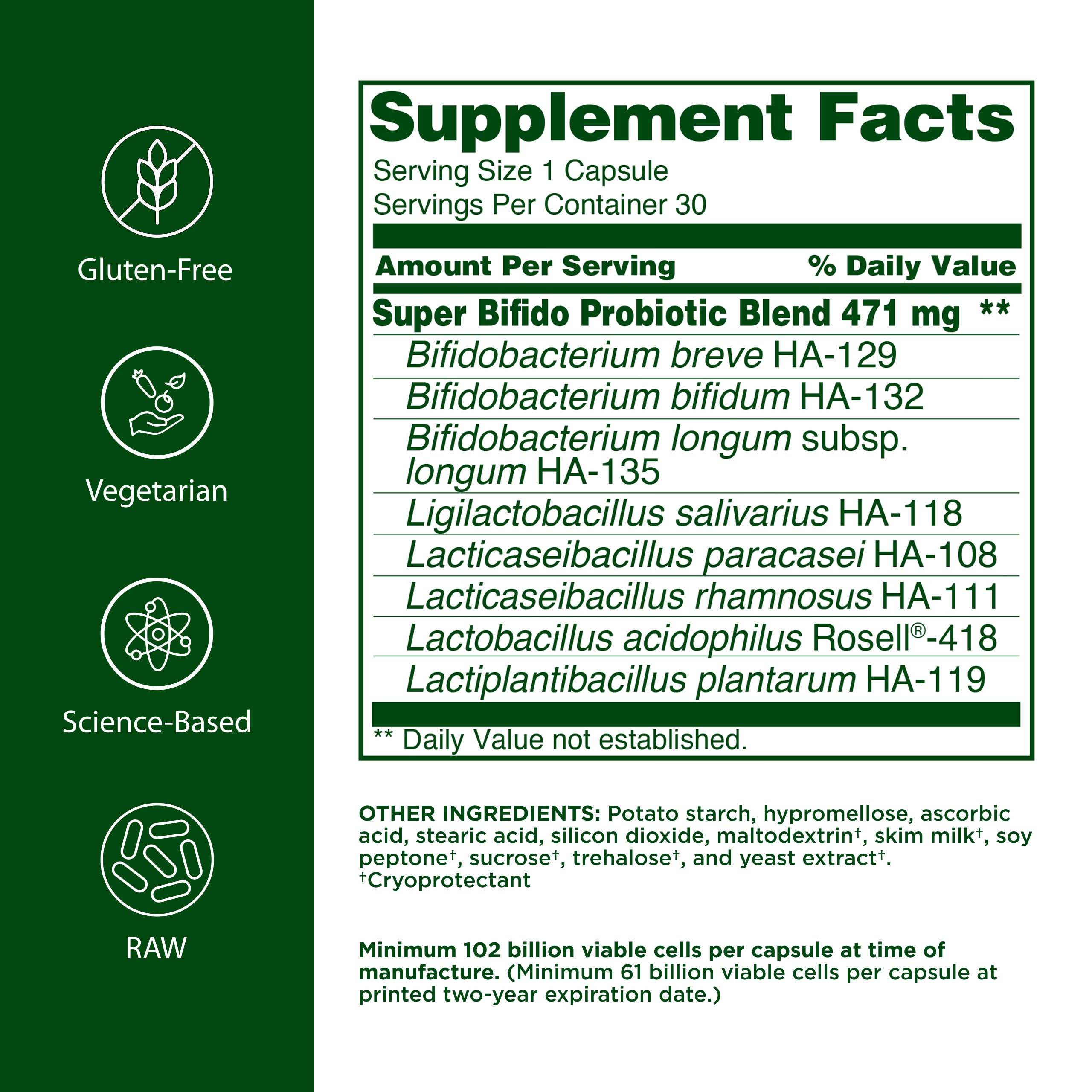 Flora Super Bifido Plus bottle label highlighting multi-strain potency