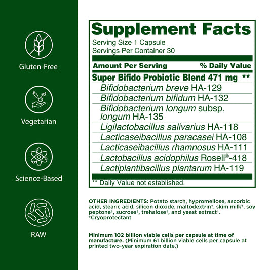 Flora Super Bifido Plus bottle label highlighting multi-strain potency