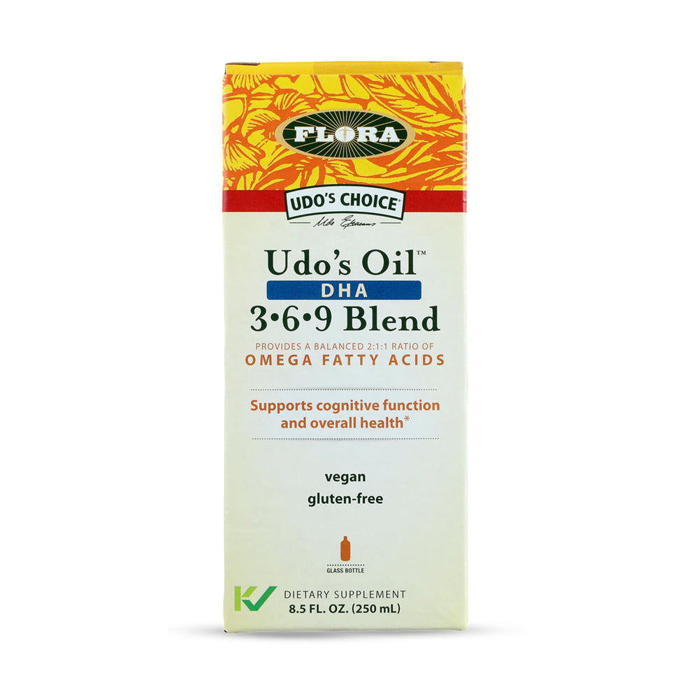 Flora Udo's Oil Balance bottle ready for daily omega supplementation.