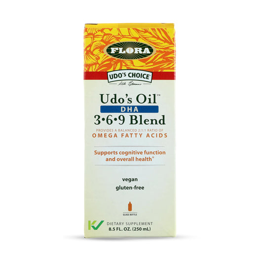 Flora Udo's Oil Balance bottle ready for daily omega supplementation.