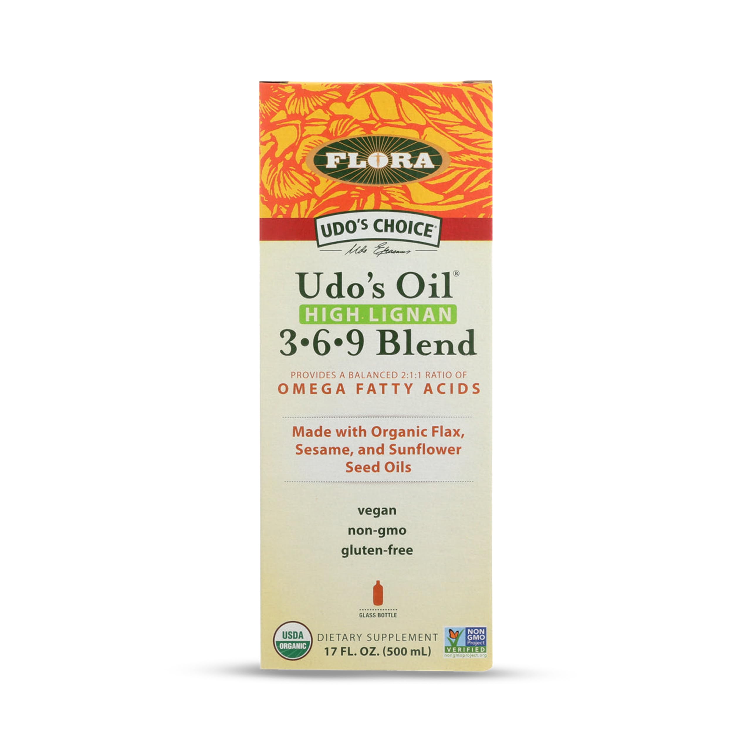 Flora Udo's Choice High Lignan bottle shows balanced omega fats for daily nutrition.