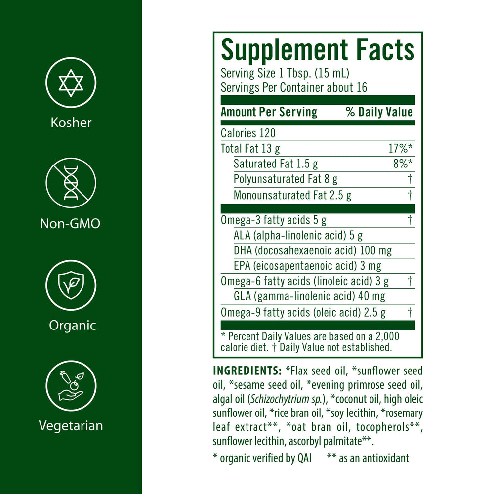 Flora vegan DHA 3-6-9 blend dropper shown for plant-based essential fats.