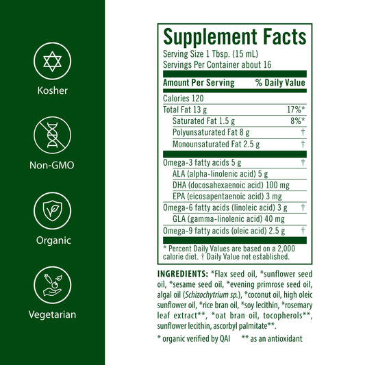 Flora vegan DHA 3-6-9 blend dropper shown for plant-based essential fats.
