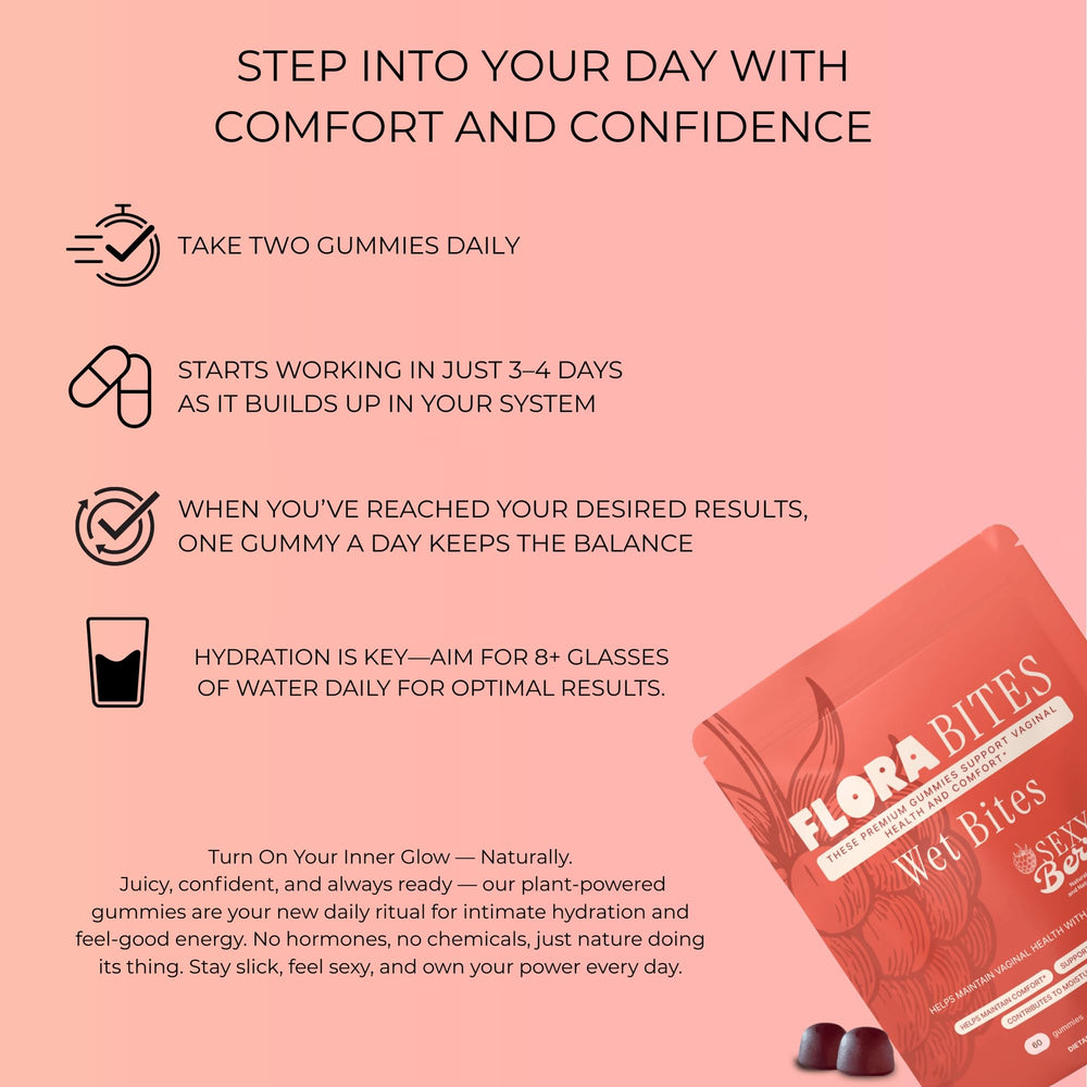 Flora Bites vegan sugarfree gummies pack presents a clean feminine wellness option.