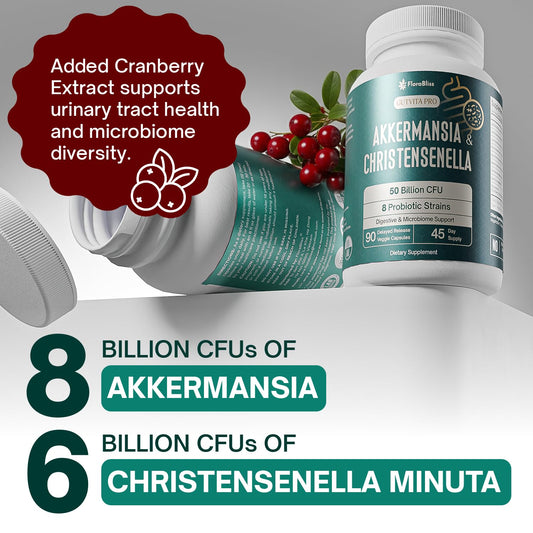 FloraBliss Akkermansia muciniphila bottle capsules for targeted gut microbial support.