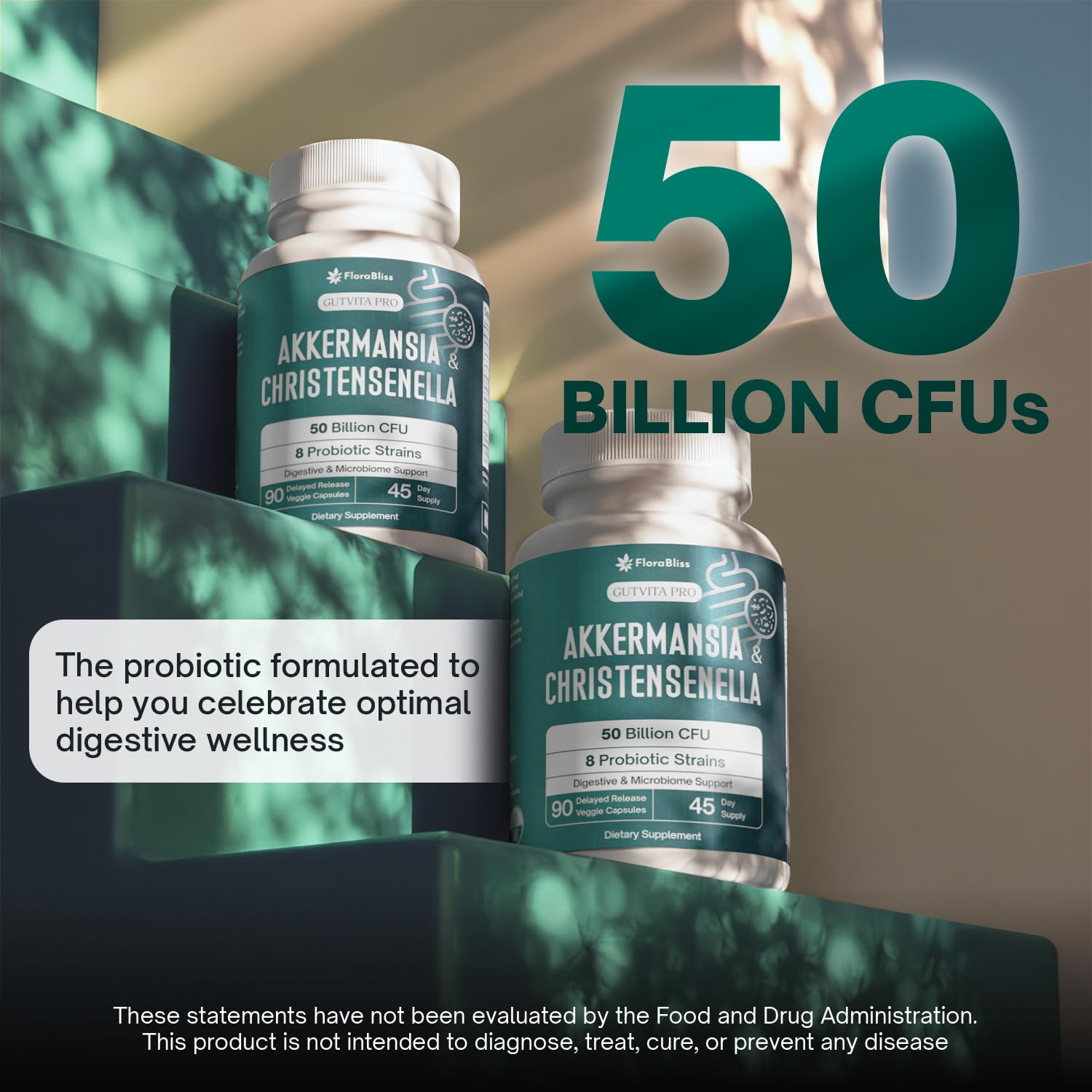 FloraBliss Bifidobacterium longum capsules on display for daily digestive wellness.