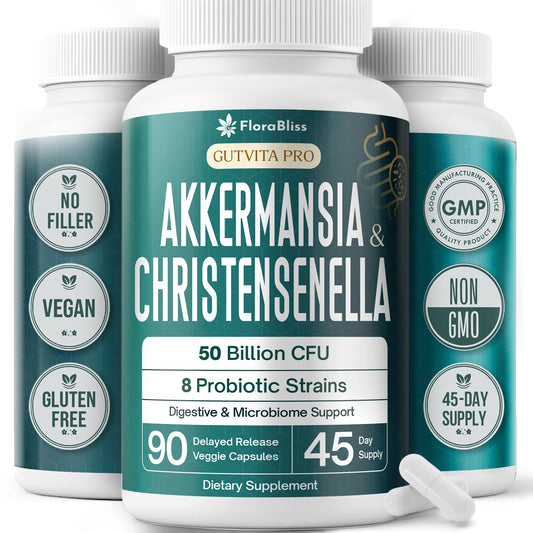 FloraBliss Christensenella Minuta bottle capsules support daily gut balance.