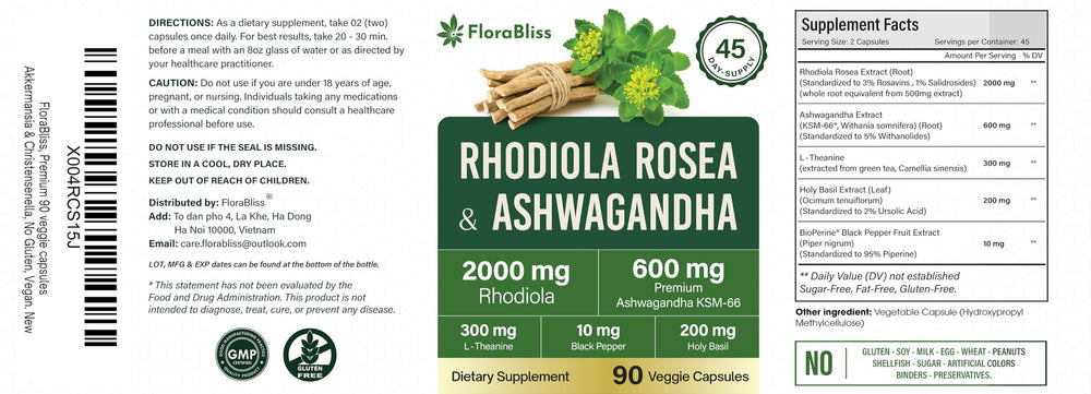 FloraBliss daily-dosage card beside capsules shows easy two-capsule serving.
