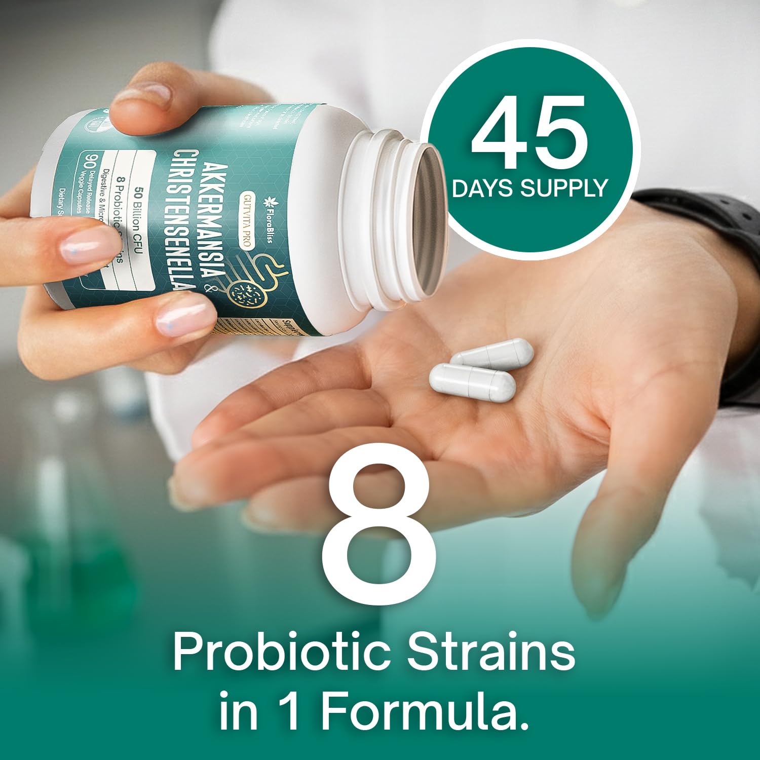 FloraBliss eight-probiotic-strains blend image highlights diverse gut support.