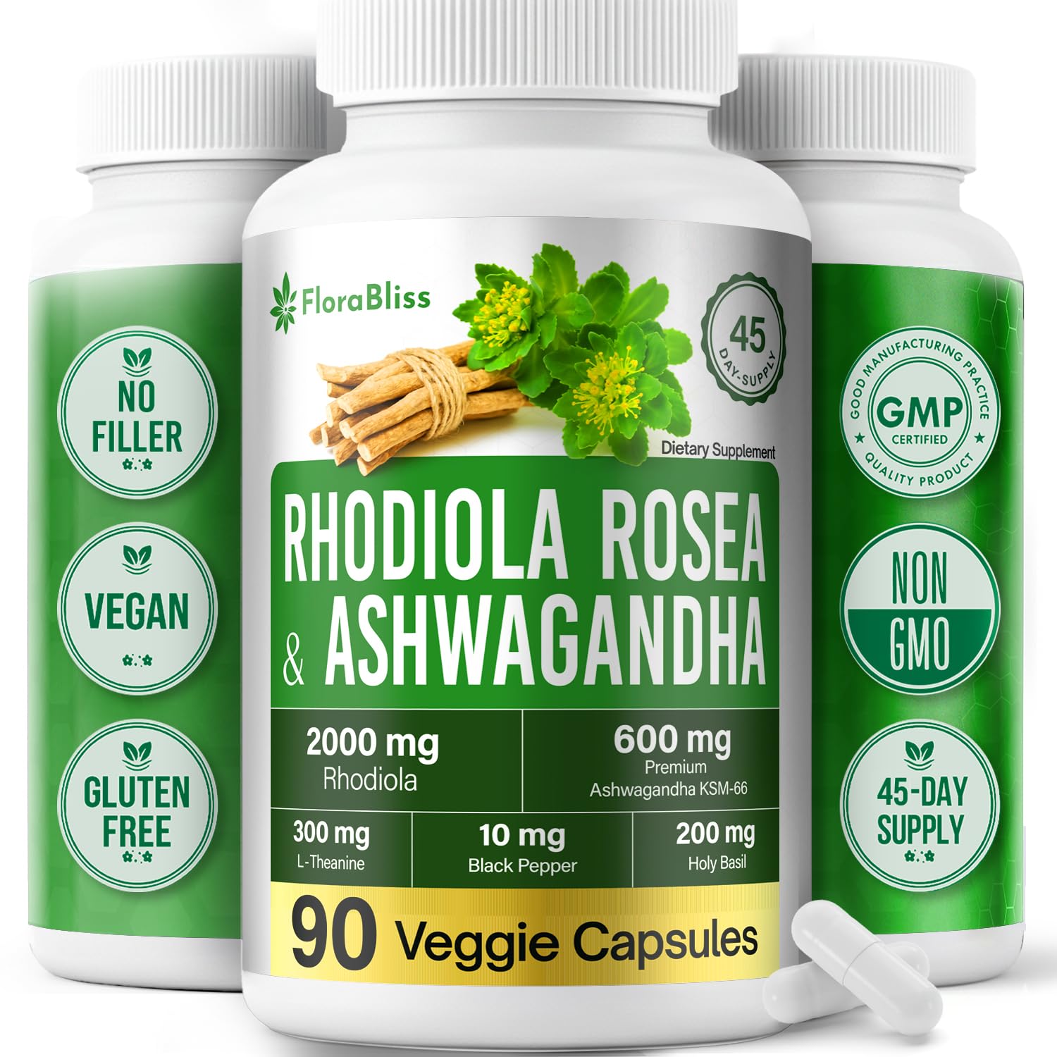 FloraBliss Rhodiola Rosea bottle front for daily balance.