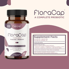 FloraCap allergen-free badge highlighting dairy-free, soy-free features.