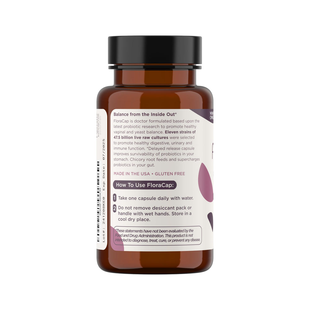 FloraCap bottle pour close-up showing easy daily dosage for vaginal wellness.