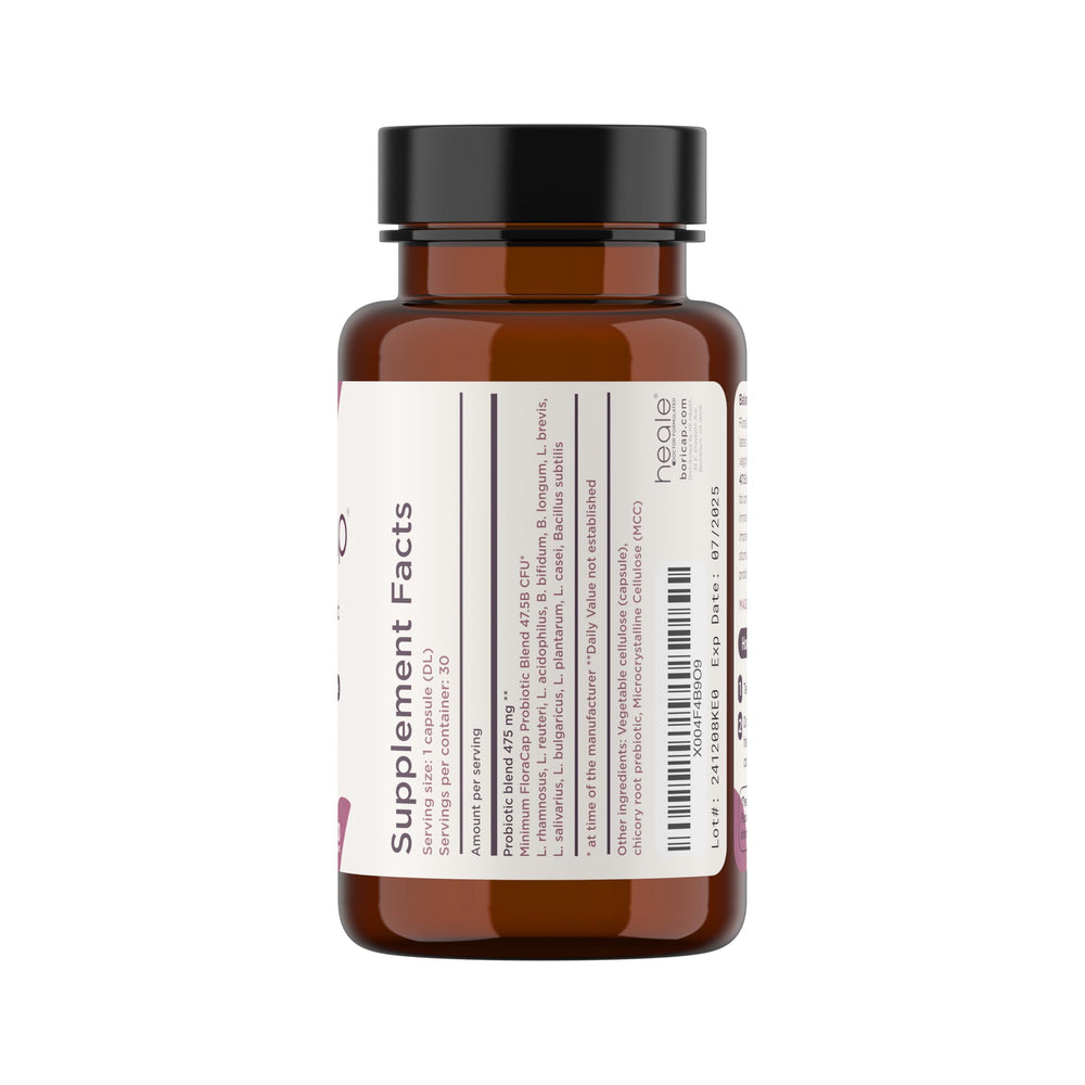 FloraCap capsules close-up highlighting 11-strain blend for balance support.