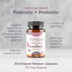 FloraCap label detail showcases non-GMO, allergen-free formula.