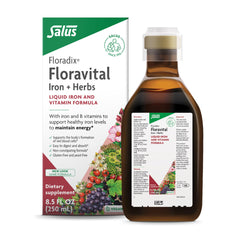 Floradix Floravital bottle with label showing vegan liquid iron formula for energy support